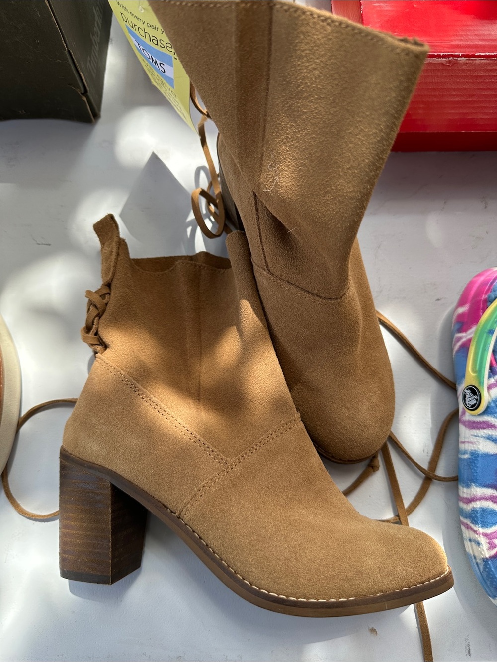 Toms Tan Suede Block Heel Lace-Up Ankle Boots